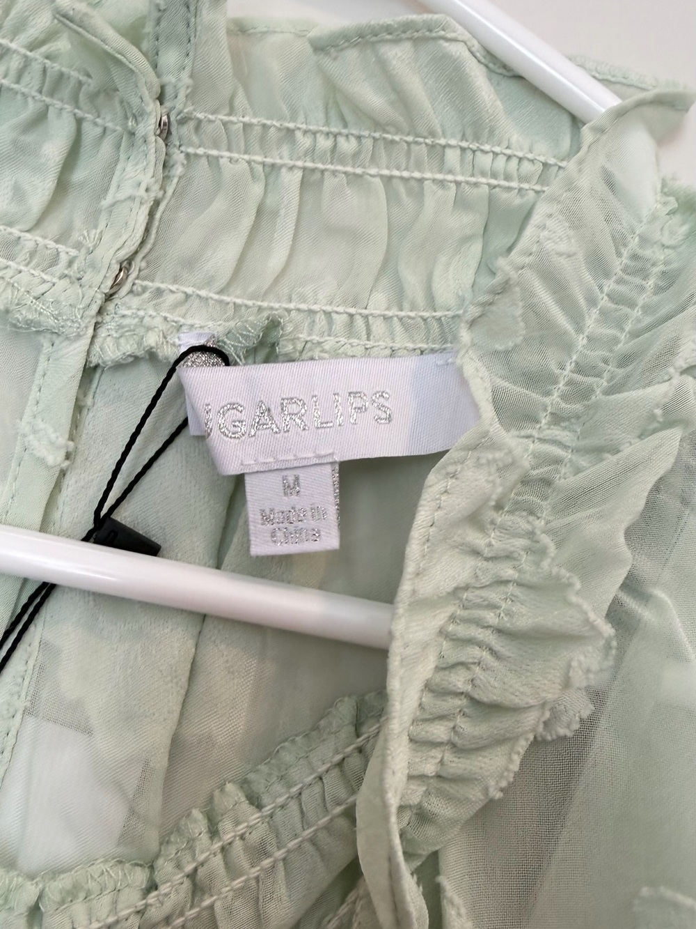 Sugarlips Mint Green Floral Sheer Ruffle Neck Blouse - Picture 2 of 3